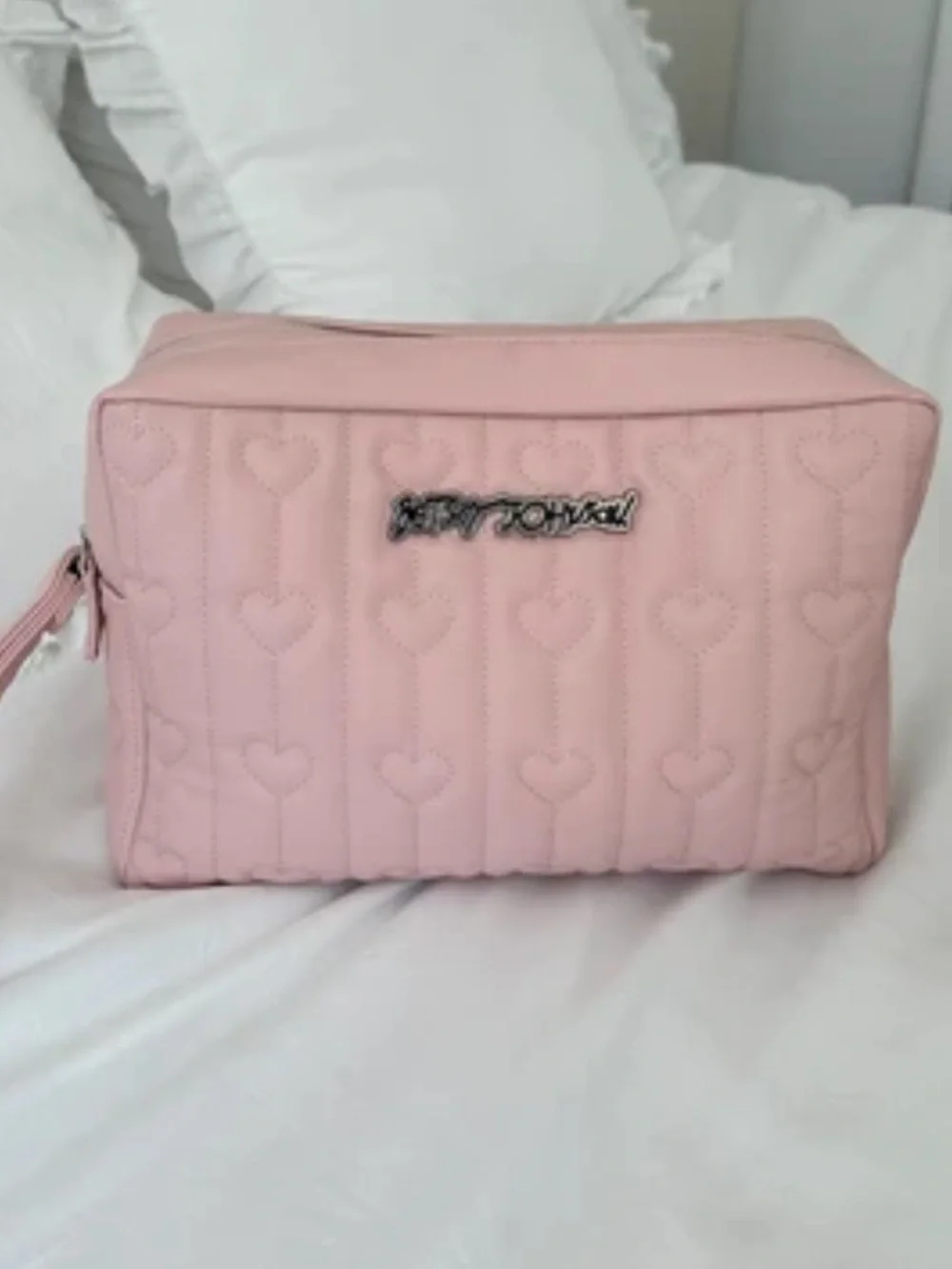 Betsey Johnson Quilted Heart Baby Pink Makeup Wristlet Bag